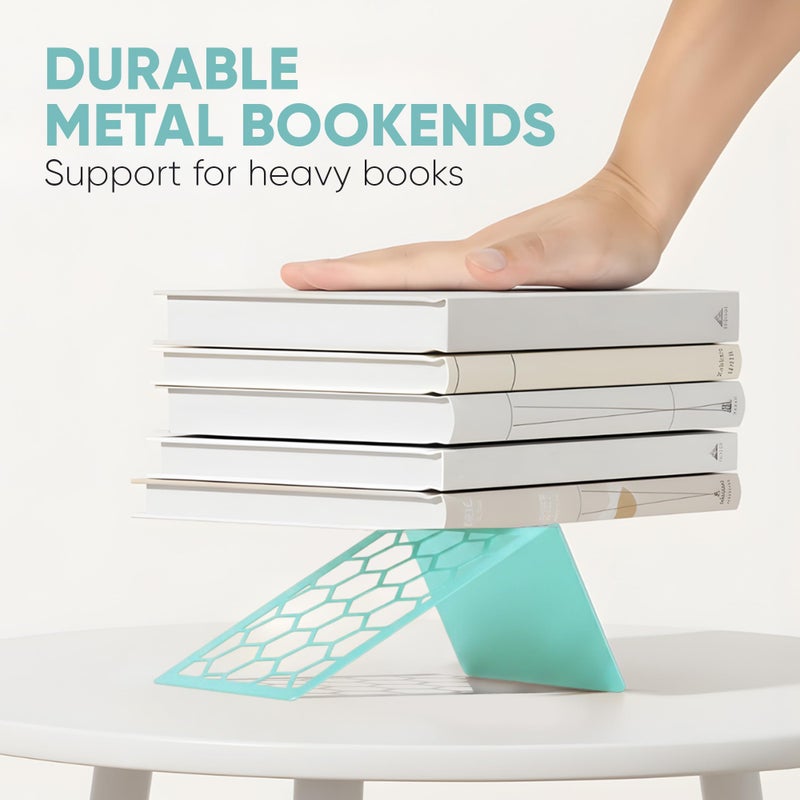 GEOMOD Geometric Honeycomb Turquoise Metal Bookends Decorative - Tall Sturdy Book Ends for Shelves - Modern Heavy Duty Bookend Stopper - Office Shelf Book Holder - 6x3.25x6.25 Inches - 1 Pair - Image 5